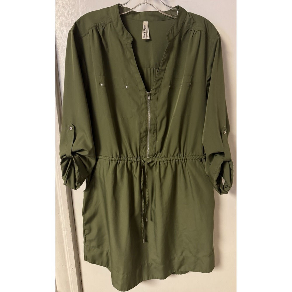 Live 4 Truth Women's Olive Green Size XL Rolled Sleeve Pull Tie Waist Mini Dress